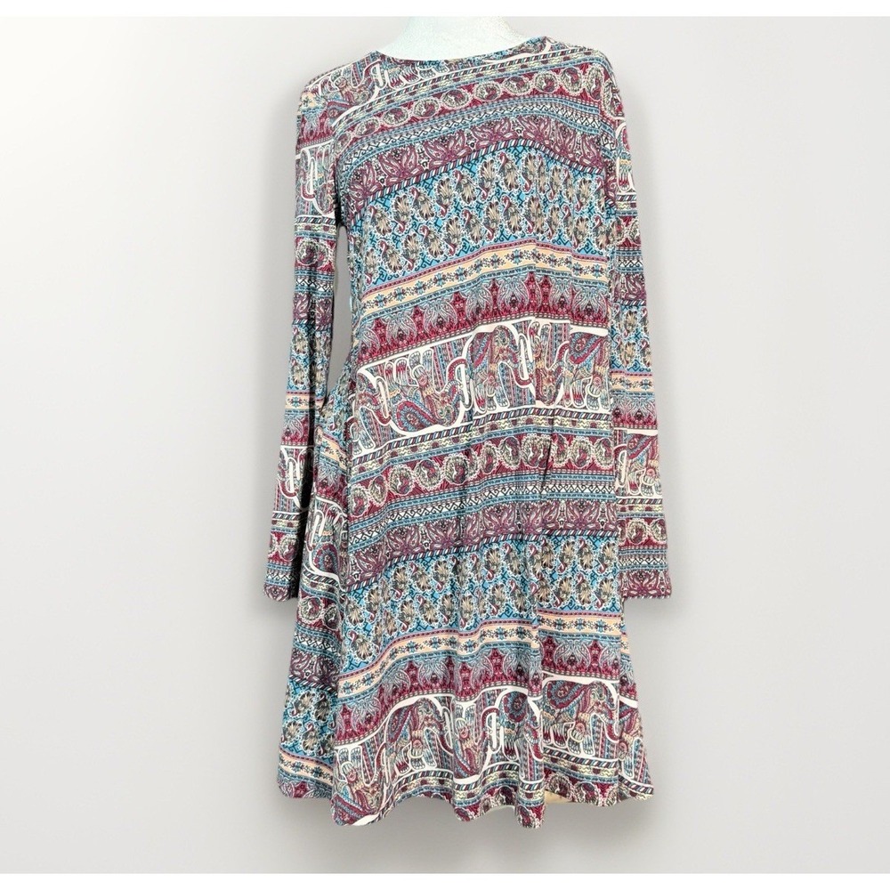 Kristin Nicole Women L Paisley Elephant Print Long Sleeved  Swing Dress Boho